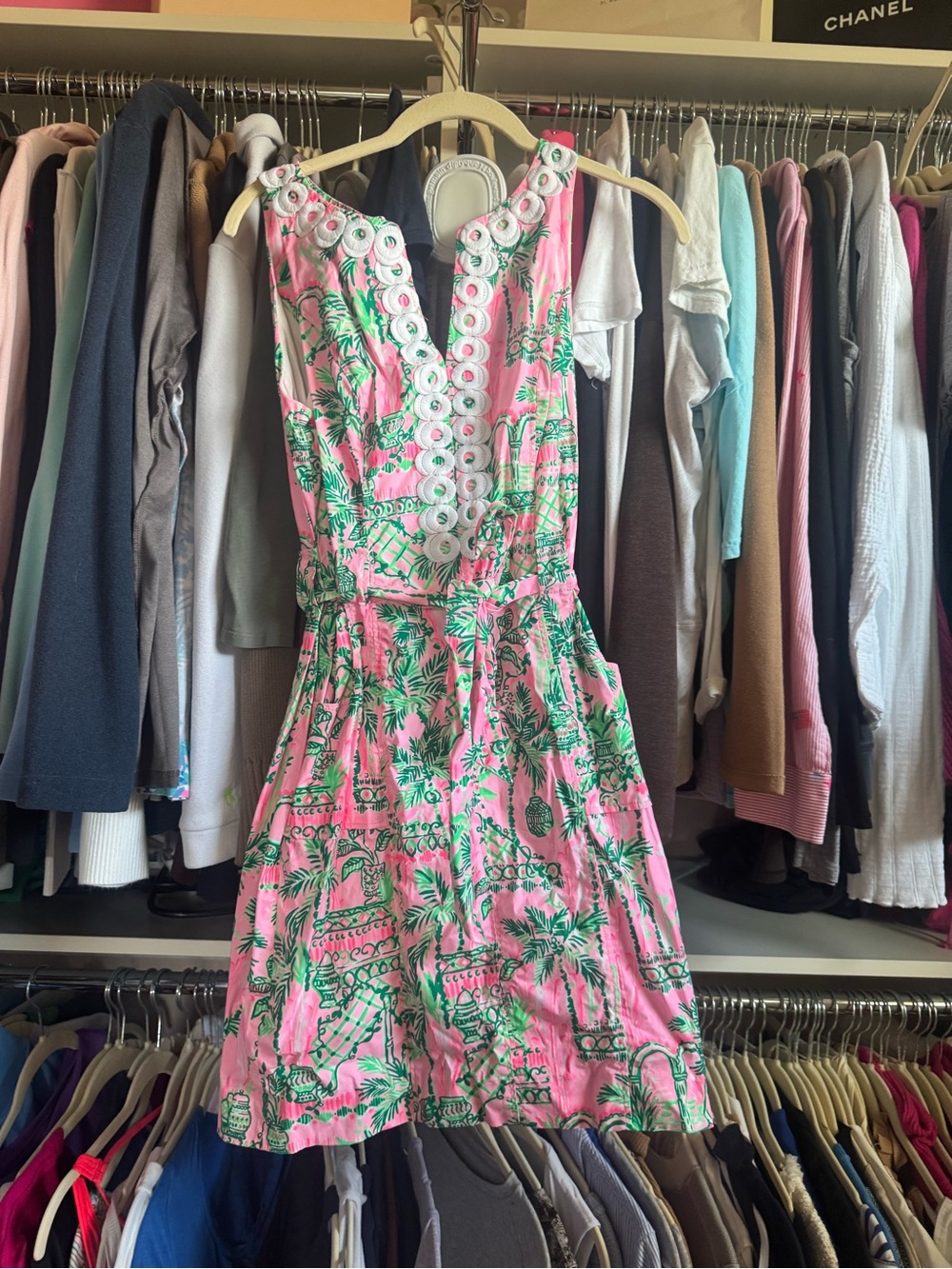 Lilly Pulitzer Pink Tropical Print Sleeveless Dress with Eyelet Trim